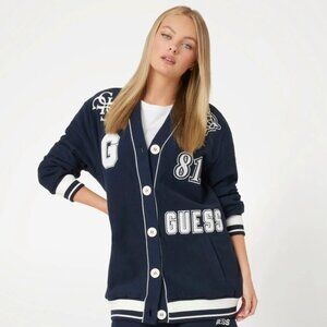 NWT GUESS Eco 81 Patch Varsity Cardigan Navy Blue Oversized Patches Y2K XL